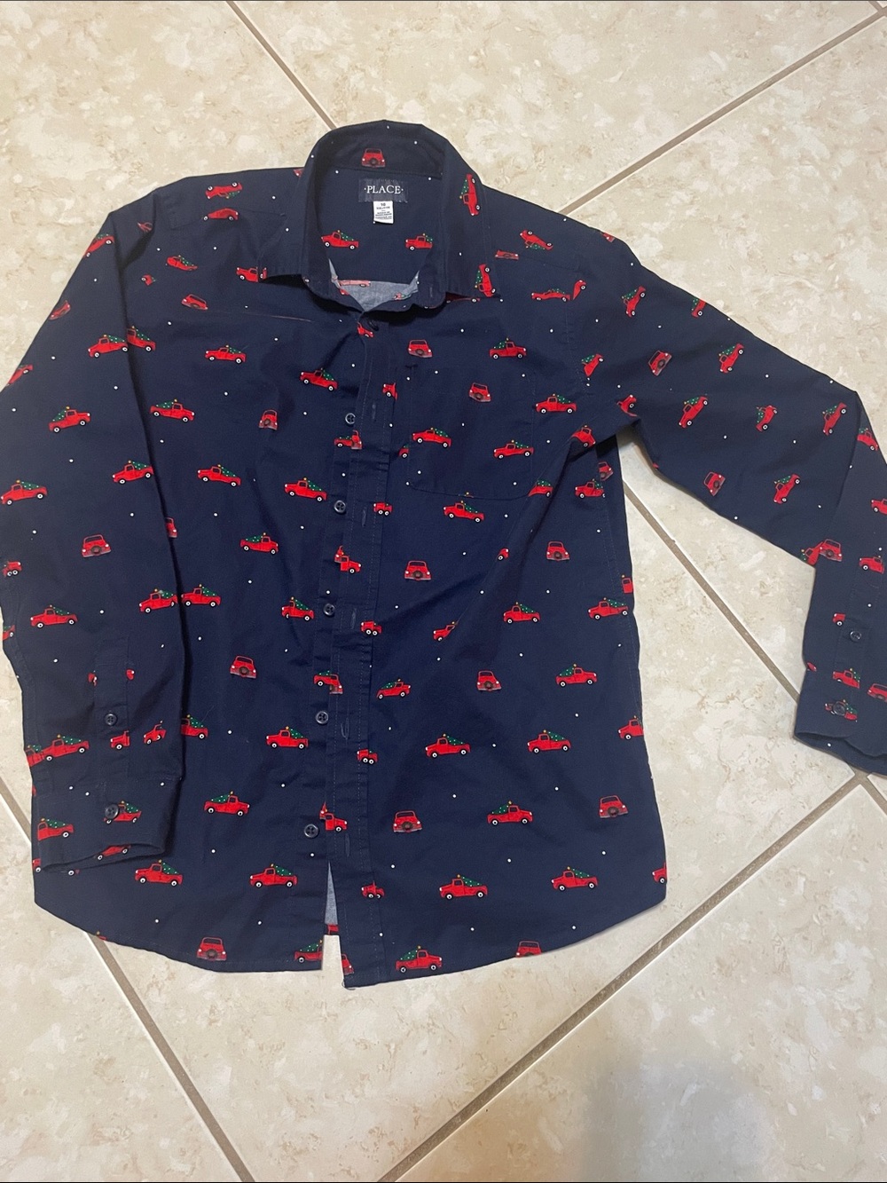 The Children's Place Navy Button-Up Shirt with Red Car Print